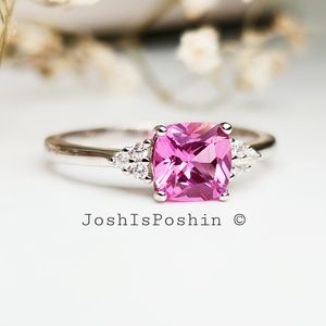 Lab grown cushion cut pink sapphire diamond cocktail ring in sterling si…